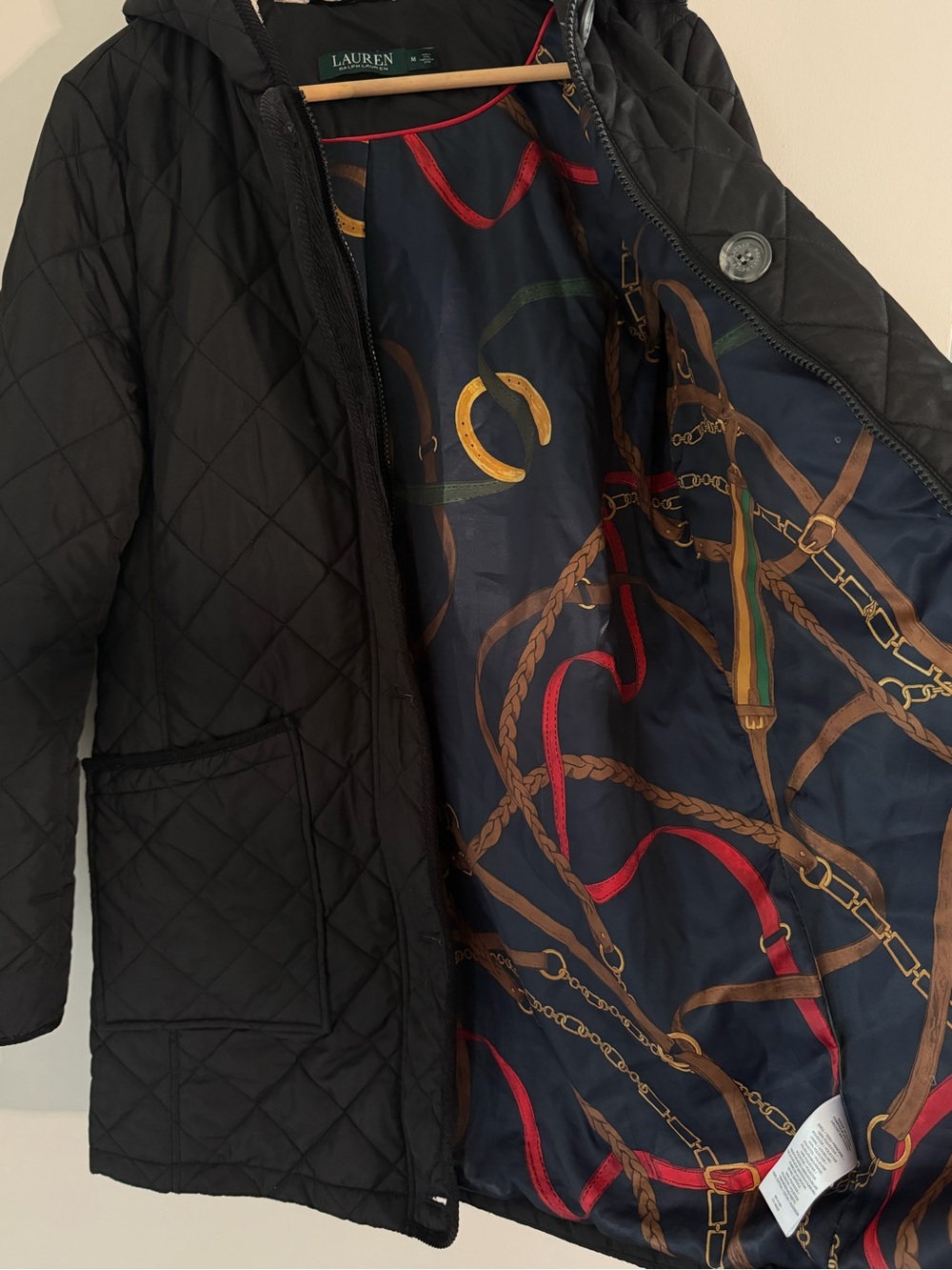 Lauren Ralph Lauren Women M Black Quilted Coat Faux Fur Hood Equestrian Lined - Picture 14 of 14